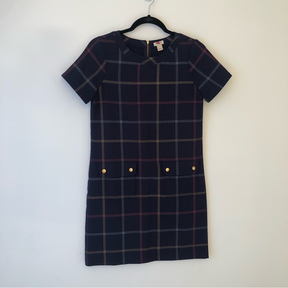 J Crew Plaid Shift Dress Short Sleeve Navy Blue Size 00 - Picture 3 of 10